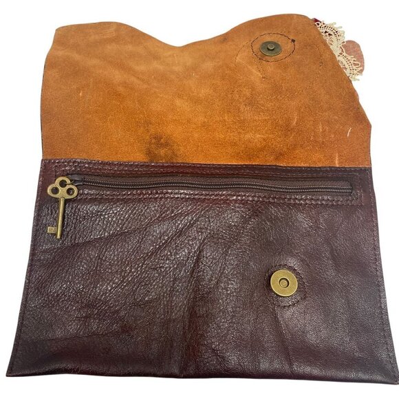 Artisan Bag by Urban Heirlooms Brown Leather Velvet Lace Red Rose Accent Clutch - Picture 3 of 10